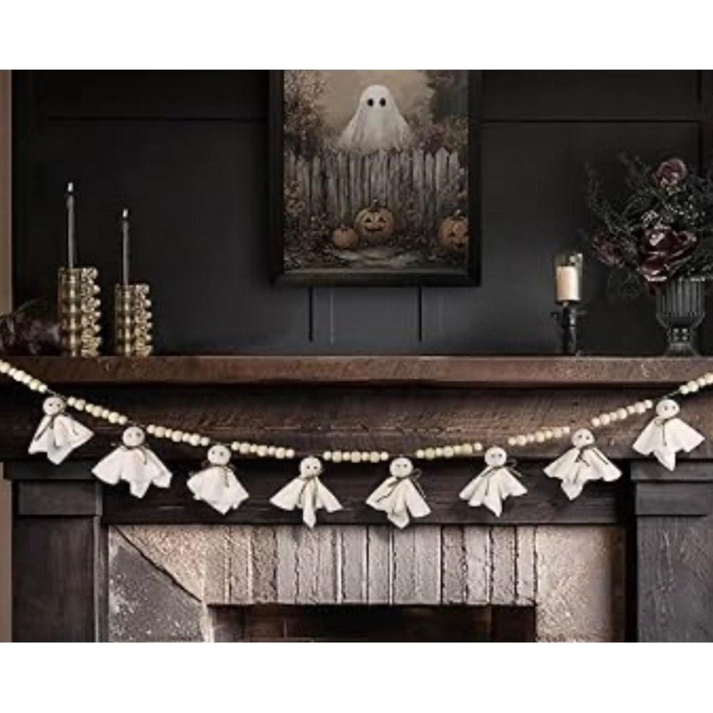 NEW Halloween Beaded Adjustable Ghost Garland Wooden 7.2ft